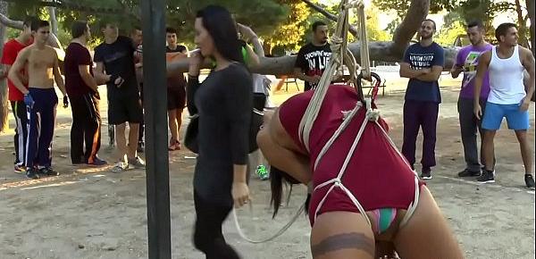  Two sluts tormented in public park gym